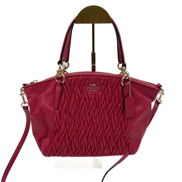 Coach Kelsey Pink Leather Satchel Purse Crossbody Gathered Tote Handbag 9x11